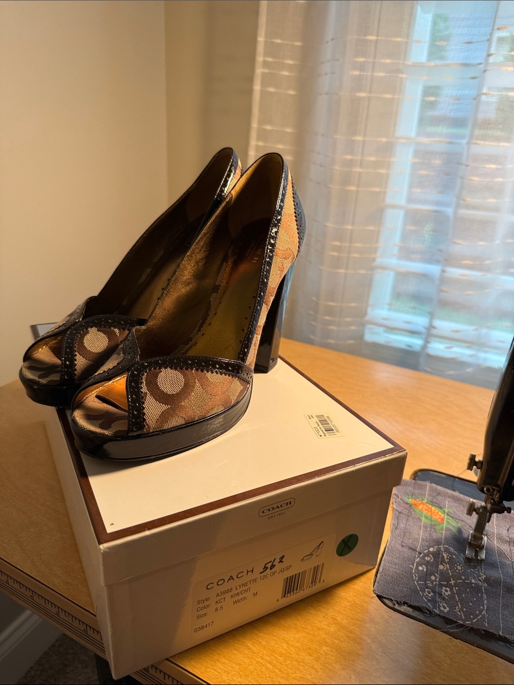 Coach Brown and Brown Patent Leather Signature Peep-Toe High Heel Pumps